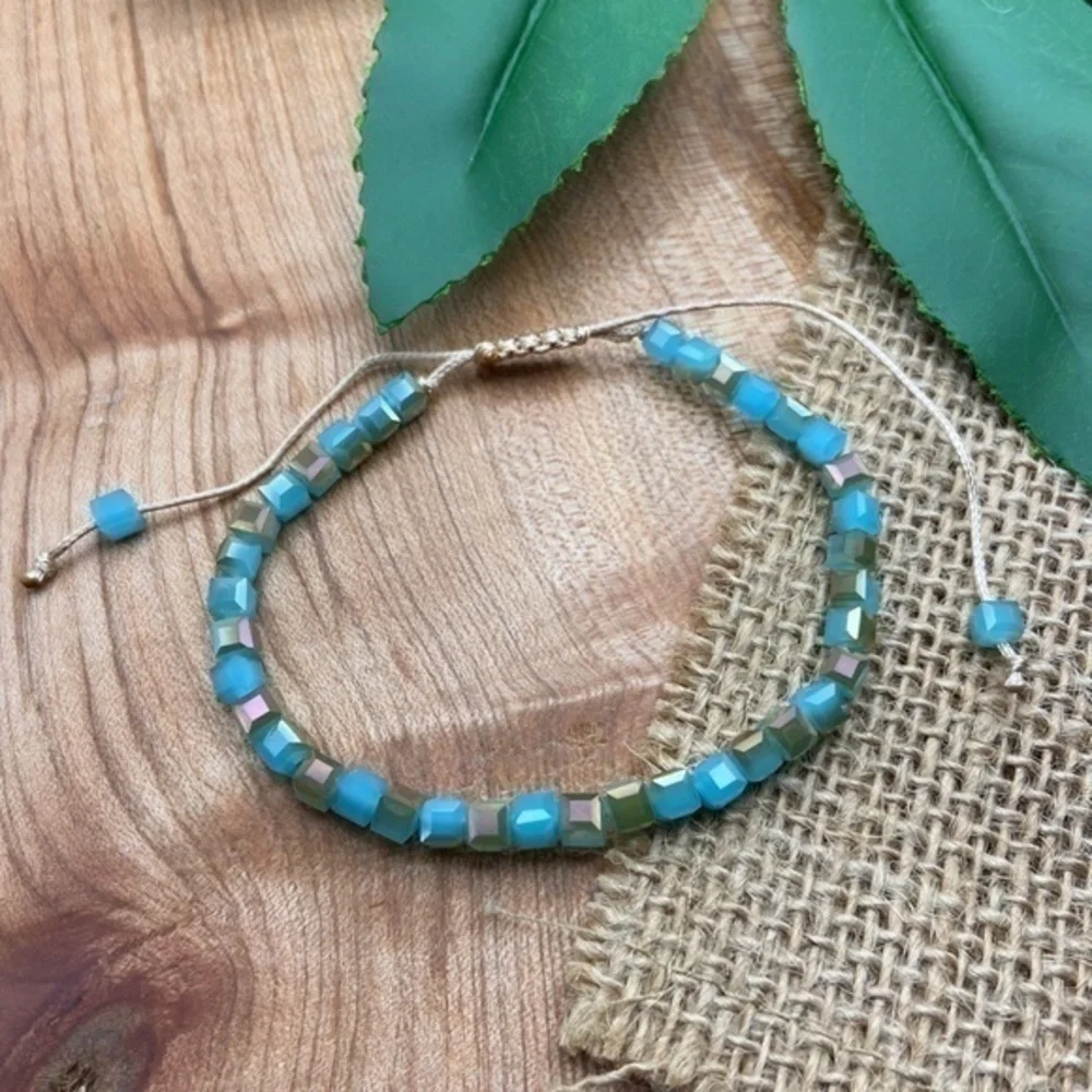 Cubic Boho Bracelet Iridescent Light Blue Tan‎ Crystal Beaded Adjustable Length